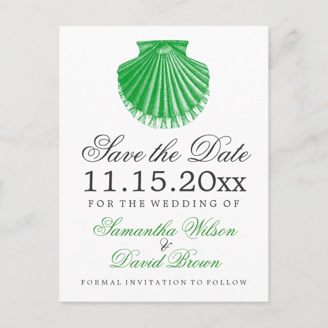 Beach Wedding Save The Date Scallop Shell Green Announcement Postcard (Front)