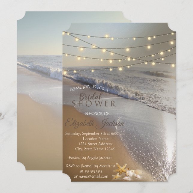 Beach Wedding Seashell String Lights Bridal Shower Invitation (Front/Back)