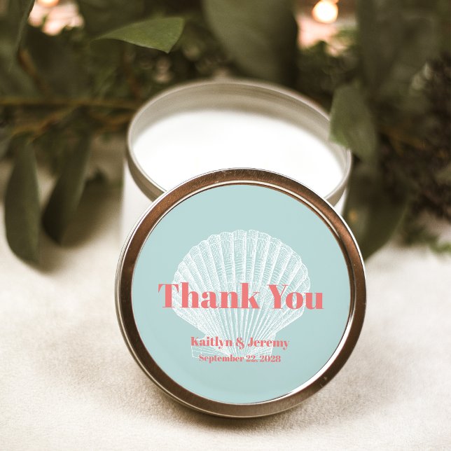 Beach Wedding Seashell Thank You Aqua Coral Pink Classic Round Sticker (Creator Uploaded)