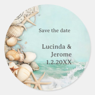 Beach wedding seashells 3 classic round sticker