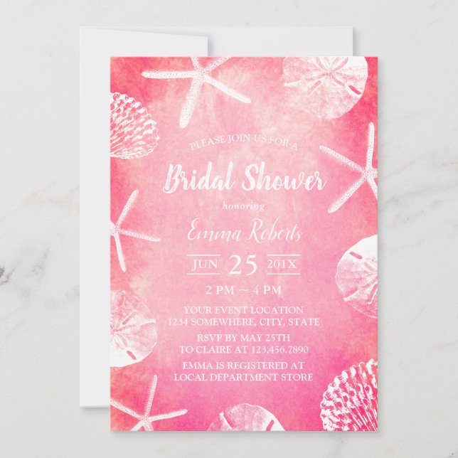 Beach Wedding Seashells Coral Pink Bridal Shower Invitation (Front)