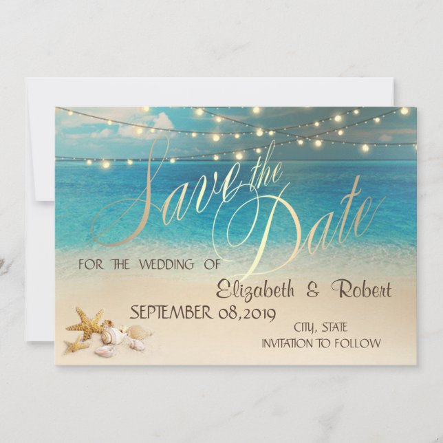Beach Wedding Seashells Lights  Save The Date (Front)