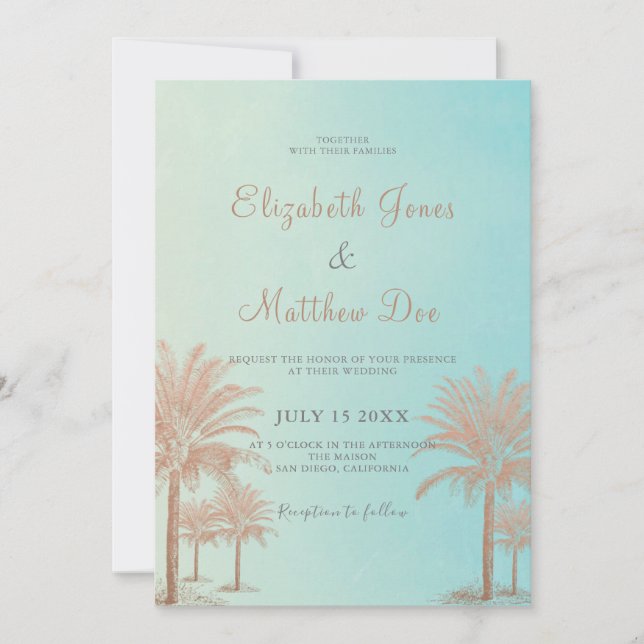 Beach Wedding Seaside/Oceanside Palm Trees Wedding Invitation (Front)