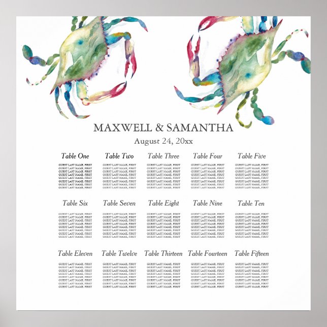 Beach Wedding SEATING CHART, Blue Crab Poster (Front)
