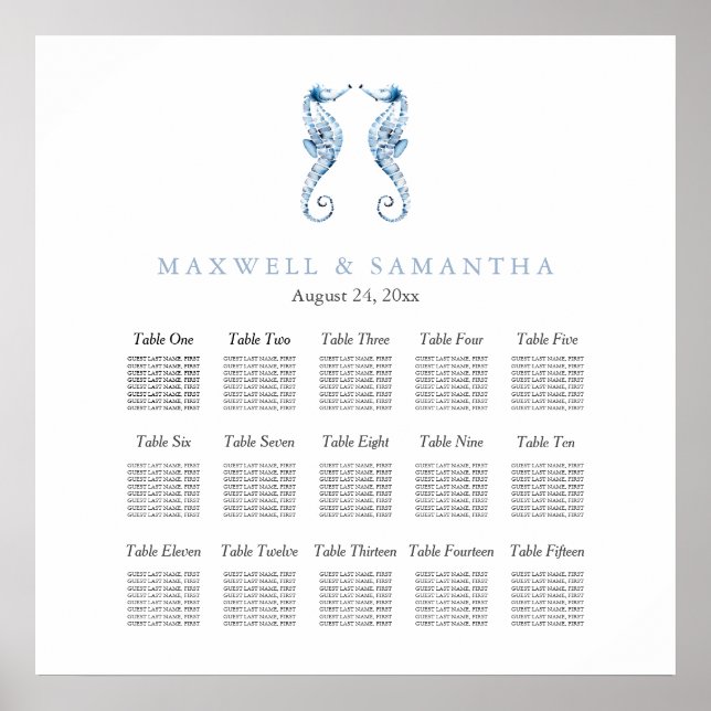 Beach Wedding Seating Chart Elegant Dusty Blue (Front)