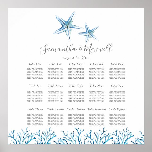 Beach Wedding SEATING CHART, Starfish Coral Poster (Front)