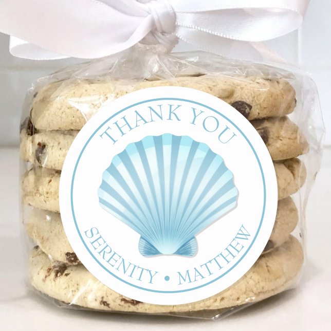 Beach Wedding Shell Blue Nautical Thank You Classic Round Sticker (Creator Uploaded)