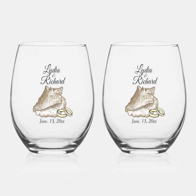  Beach Wedding Shell & Rings Personalised  Stemless Wine Glass (Front)