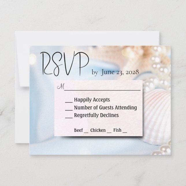 Beach Wedding Shells and Pearls  RSVP Card (Front)