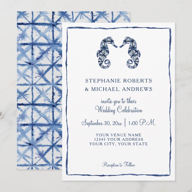 Beach Wedding Shibori Indigo Watercolor Seahorse Invitation (Front/Back)