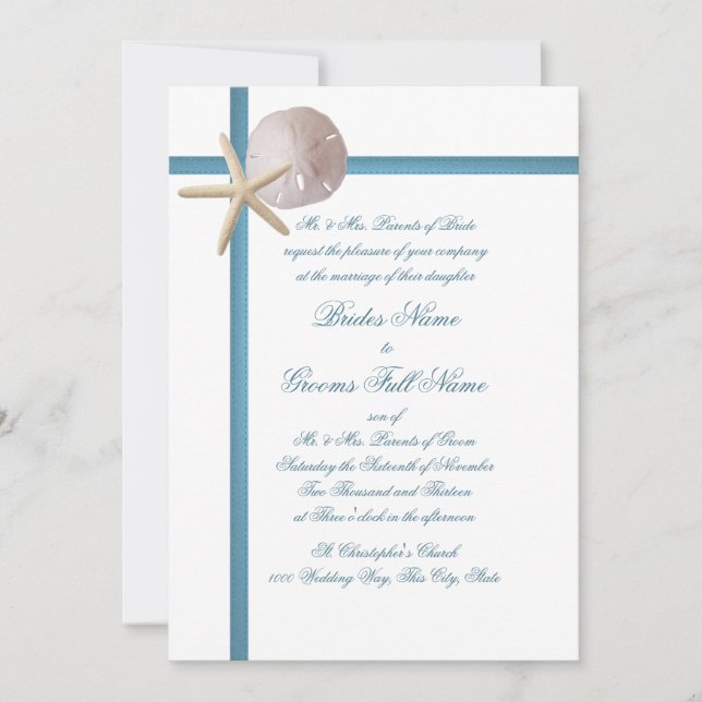 Beach Wedding Starfish and Sand Dollar Blue Invitation (Front)
