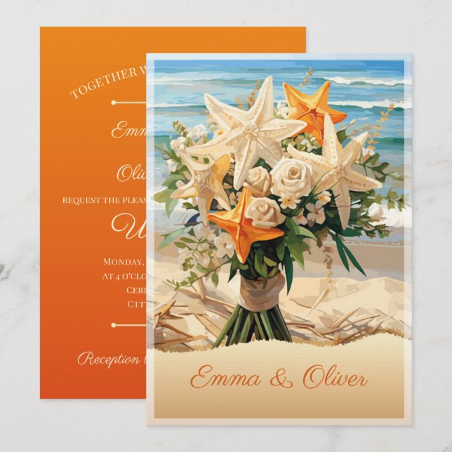 Beach Wedding Starfish Bouquet Invitation Card (Front/Back)
