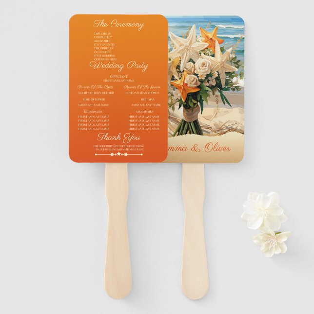 Beach Wedding Starfish Bouquet Program Hand Fan (Front and Back)
