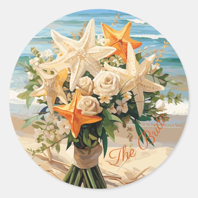Beach Wedding Starfish Bouquet Round Stickers (Front)