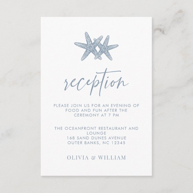 Beach Wedding Starfish Dusty Blue Reception Enclosure Card (Front)