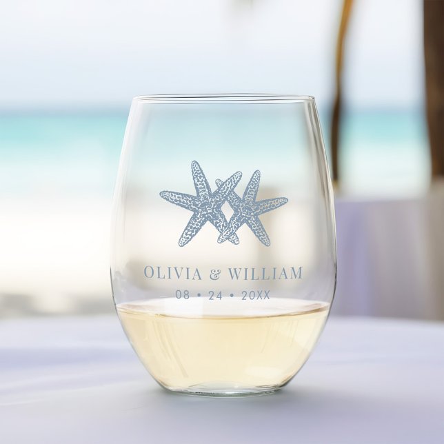 Beach Wedding Starfish Dusty Blue Stemless Wine Glass (Creator Uploaded)