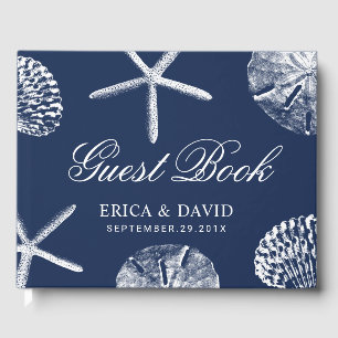 Beach Wedding Starfish & Sand Dollar Navy Blue Guest Book
