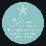 Beach Wedding Starfish Thank You Wedding Favour Classic Round Sticker<br><div class="desc">Wedding favour stickers for your beach wedding,  great for care or welcome packages for your guests. Simple turquoise starfish design that reads.- Welcome friends and family,  It means the world to us that you are here - and printed with your names.</div>