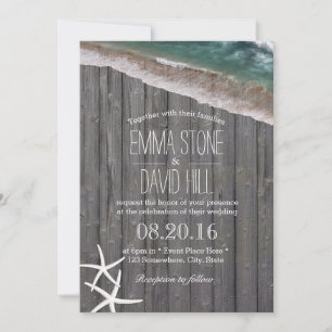 Beach Wedding Starfish & Waves Rustic Wood Invitation