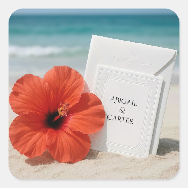 Beach Wedding Stationery With Hibiscus Flower Square Sticker (Front)