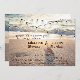 Beach Wedding, String Lights,Sand, Seashell  Invitation