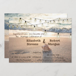 Beach Wedding, String Lights,Sand, Seashell  Invitation