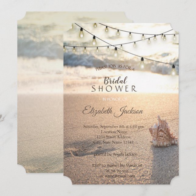 Beach Wedding String Lights Seashell Bridal Shower Invitation (Front/Back)