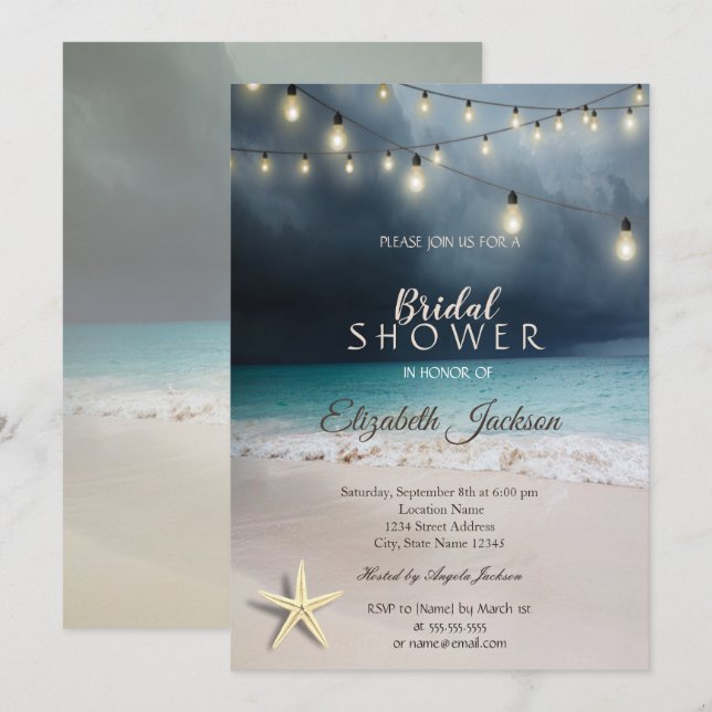 Beach Wedding String Lights Seastar Bridal Shower Invitation (Front/Back)