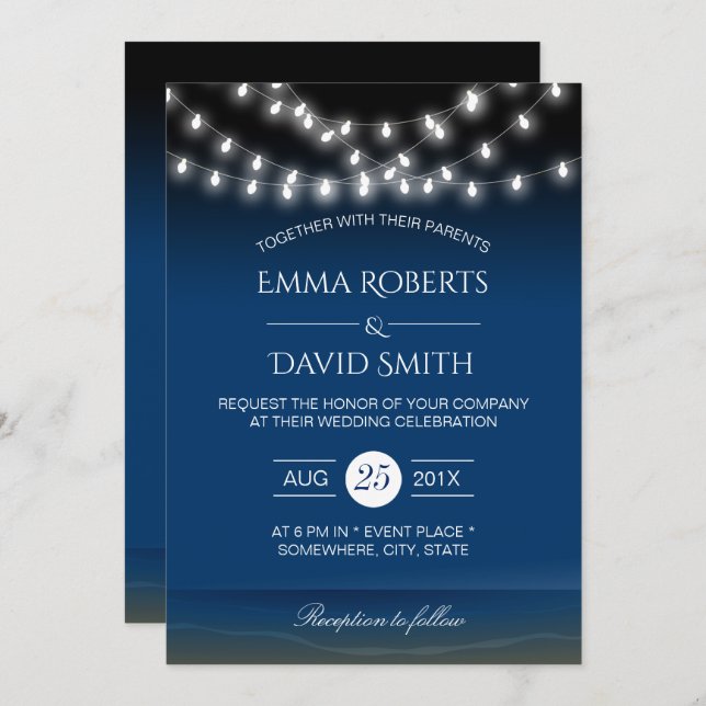 Beach Wedding String Lights Summer Night Breeze Invitation (Front/Back)