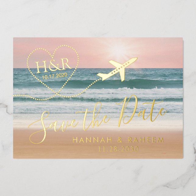Beach Wedding Sunset Heart Aeroplane Save the Date (Front)