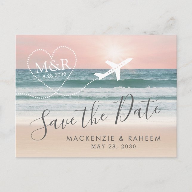 Beach Wedding Sunset Heart Aeroplane Save the Date Announcement Postcard (Front)