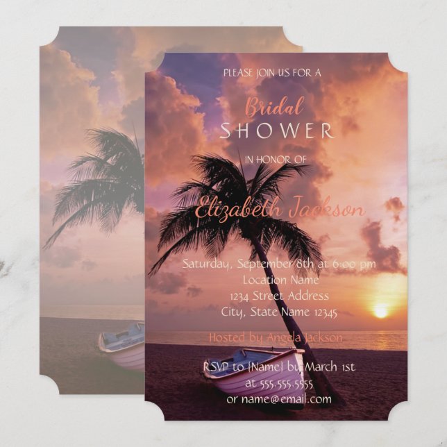Beach Wedding Sunset, Palm, Boat  Bridal Shower Invitation (Front/Back)