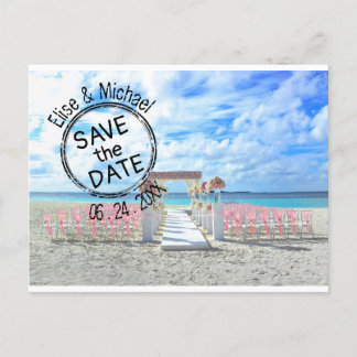 Beach Wedding Sunset Passport Stamp Save the Date Invitation Postcard