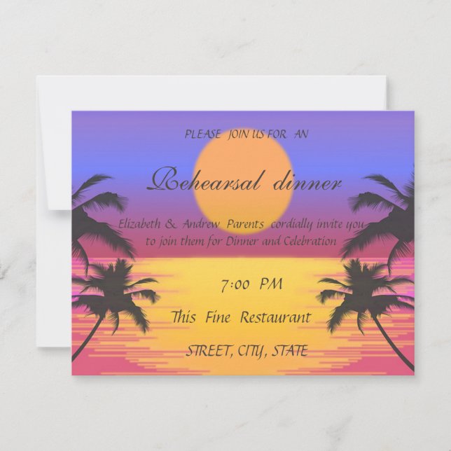 Beach Wedding Sunset  Rehearsal Dinner Invitation (Front)