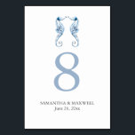 Beach Wedding Table Number Cards Seahorses<br><div class="desc">This beach wedding table number card features a watercolor seahorses in shades of dusty blue with the bride and groom's names and wedding date. Use the template fields to add your custom details. To see more wedding table decoration ideas like this visit www.zazzle.com/dotellabelle Unique watercolor art by Victoria Grigaliunas of...</div>