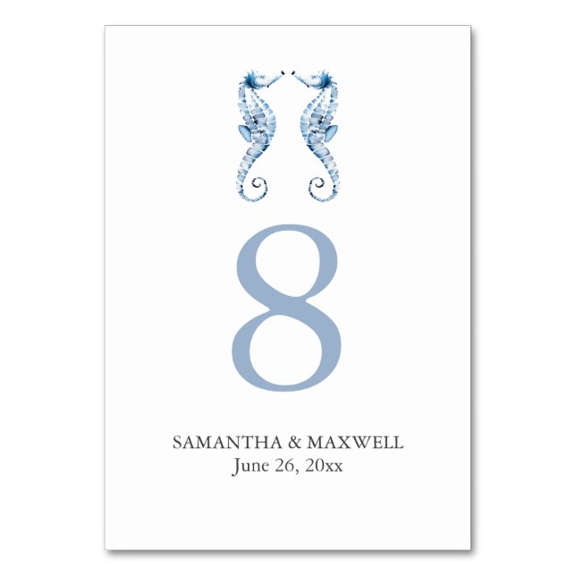 Beach Wedding Table Number Cards Seahorses (Front)