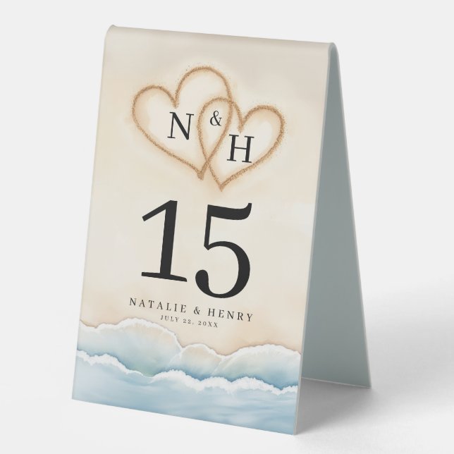 Beach Wedding Table Number with Sand Heart Design (Front)