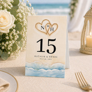 Beach Wedding Table Number with Sand Heart Design