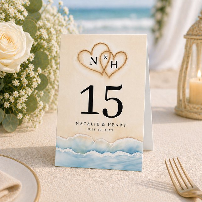 Beach Wedding Table Number with Sand Heart Design (Table Number)