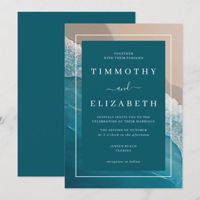 Beach Wedding Teal Blue Ocean Sand Wedding Invitation (Front/Back)