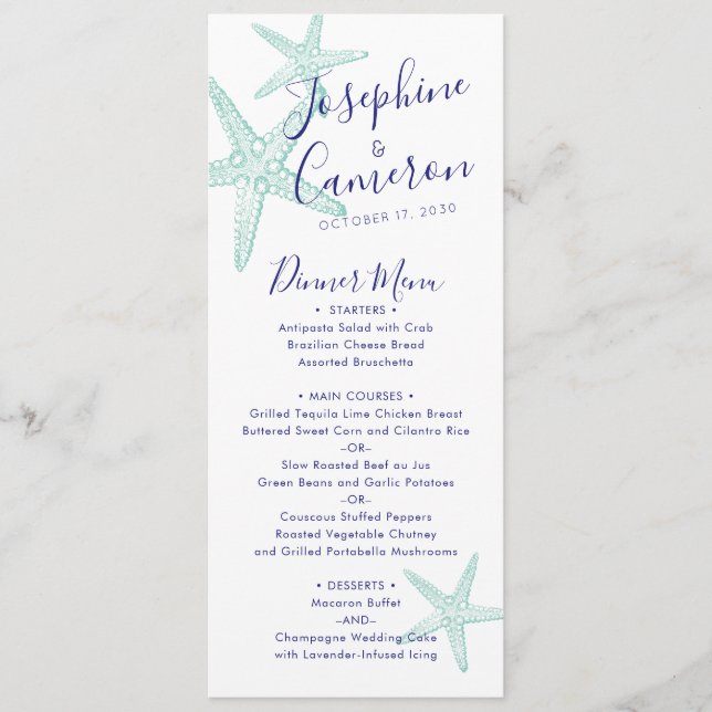 Beach Wedding Teal Blue Starfish Modern Menu (Front)