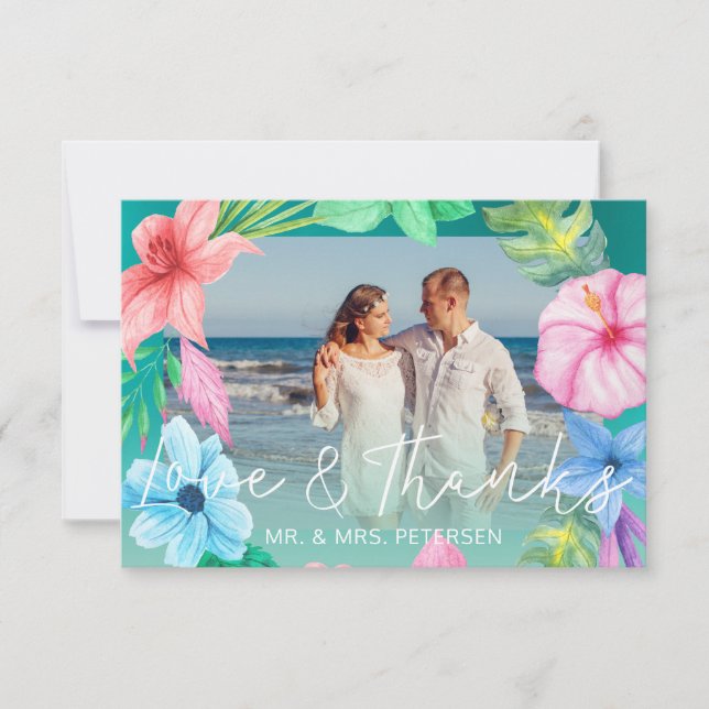 Beach wedding teal blue tropical PHOTO thank you Card (Front)