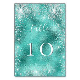 Beach wedding teal sea green glitter table number