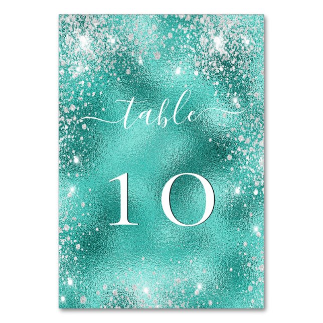 Beach wedding teal sea green glitter table number (Back)