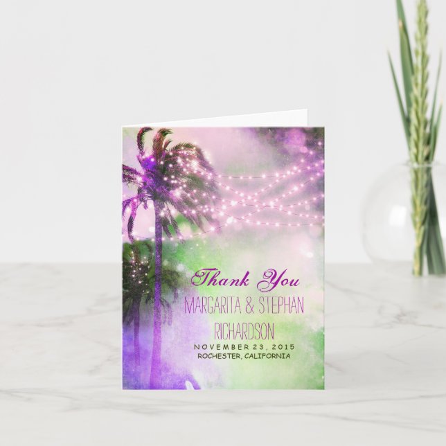 beach wedding thank you card with lights & palms (Front)