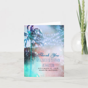 beach wedding thank you card with lights & palms