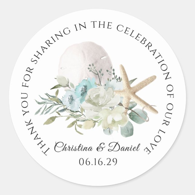 Beach Wedding Thank You Floral and Starfish Classic Round Sticker (Front)