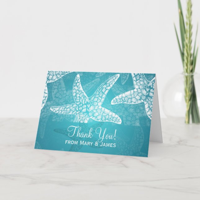 Beach Wedding "Thank you" Starfish Blue Thank You Card (Front)
