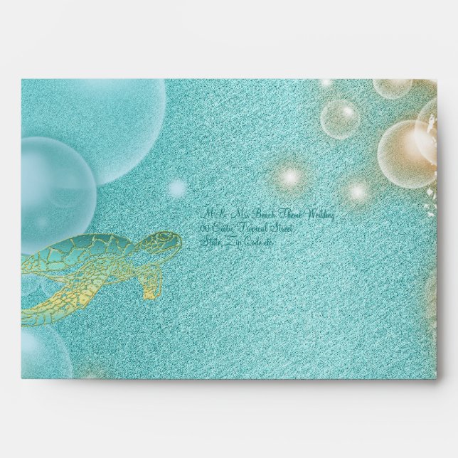 Beach wedding turtle blue white envelopes (Front)
