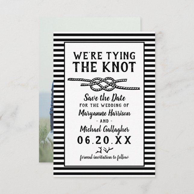 Beach Wedding Tying the Knot Modern Stripes Photo Save The Date (Front/Back)